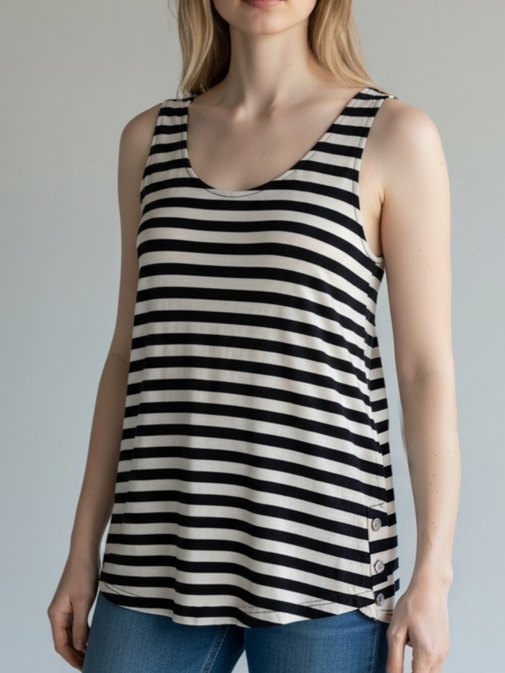 DKNY Black and White Striped Sleeveless Tank Top